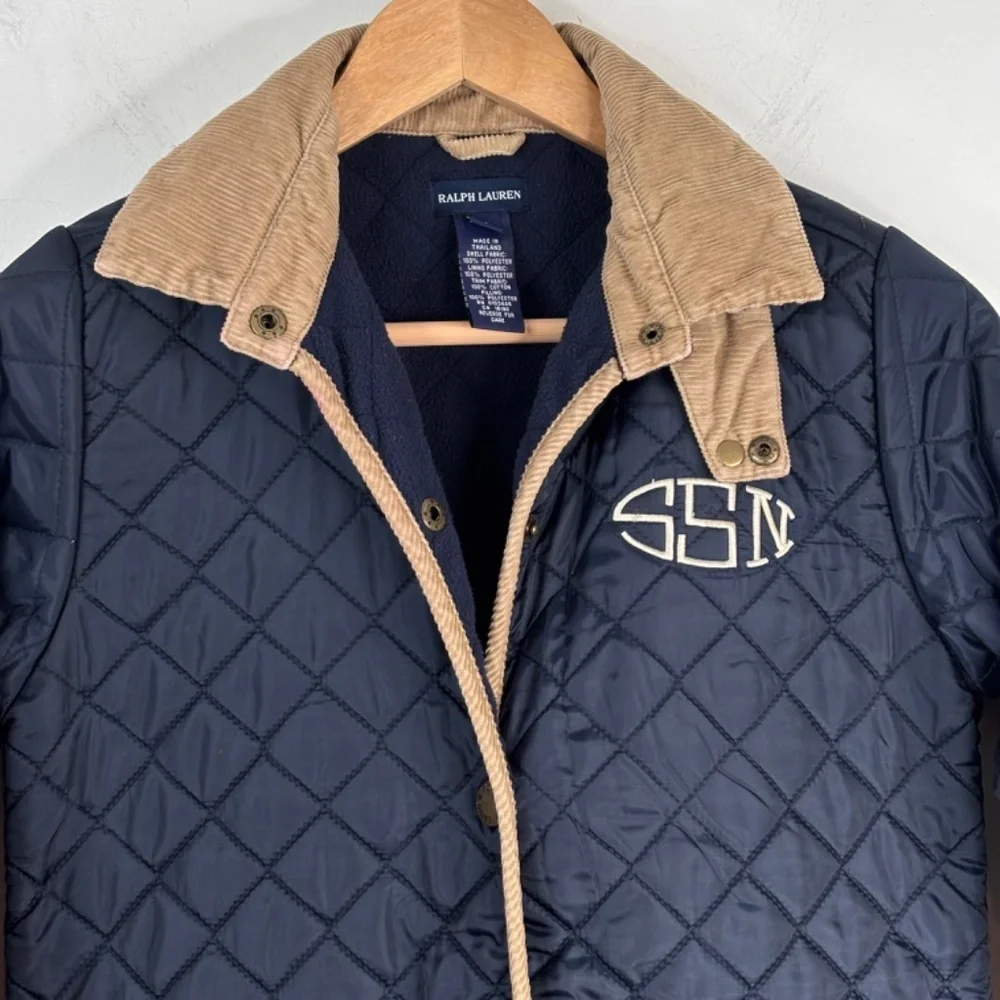 Ralph Lauren Quilted Barn Coat Girls M Navy Corduroy Collar Snap Equestrian READ